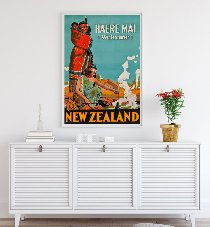 Haere Mai vintage travel poster showcasing New Zealand's beauty, part of the NEW ZEALAND V, VINTAGE TRAVEL POSTERS collection.