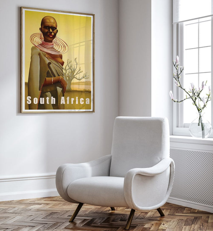 Elegant SOUTH AFRICA, VINTAGE TRAVEL POSTERS adorn a stylish room, showcasing the nation's vibrant culture and landscapes.