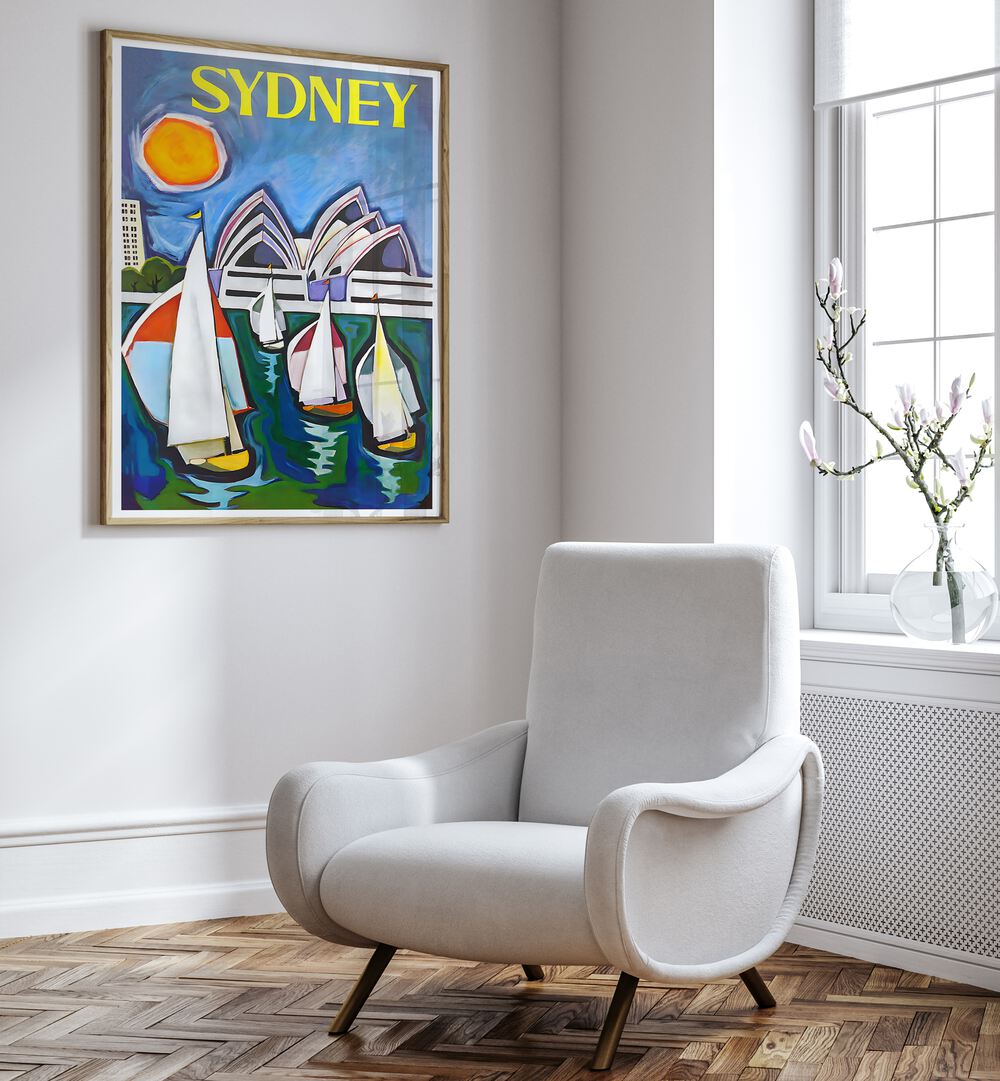 Vibrant SYDNEY, VINTAGE TRAVEL POSTERS adorn a stylish room, capturing the essence of Sydney's charm and beauty.
