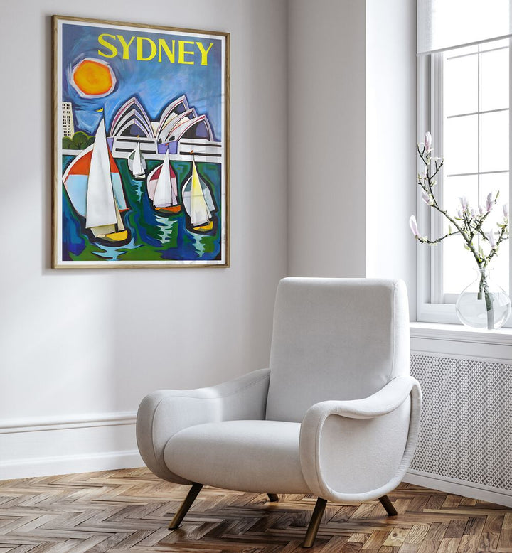 Vibrant SYDNEY, VINTAGE TRAVEL POSTERS adorn a stylish room, capturing the essence of Sydney's charm and beauty.