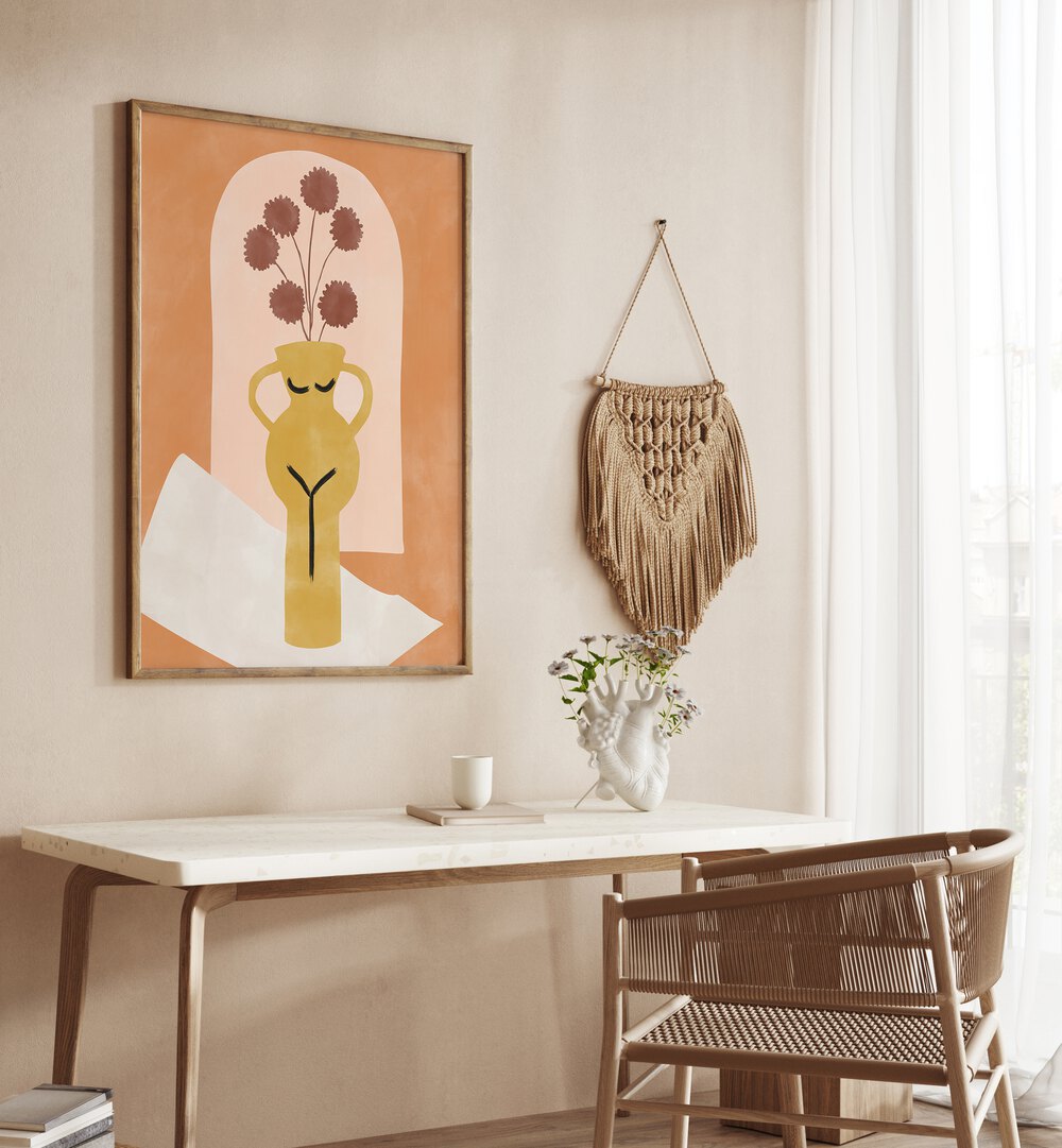 Vibrant YELLOW FLOWER POT, BOHO ART PAINTINGS by Elena Ristova, perfect for adding color to your living space.