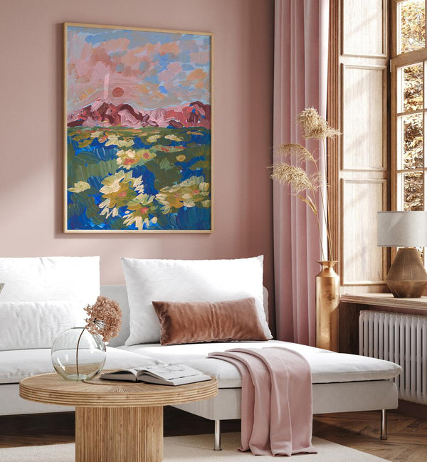 Vibrant WILD FLOWER MOUNTAIN I, LANDSCAPE PAINTINGS by Eleanor Baker, enhancing modern home decor beautifully.