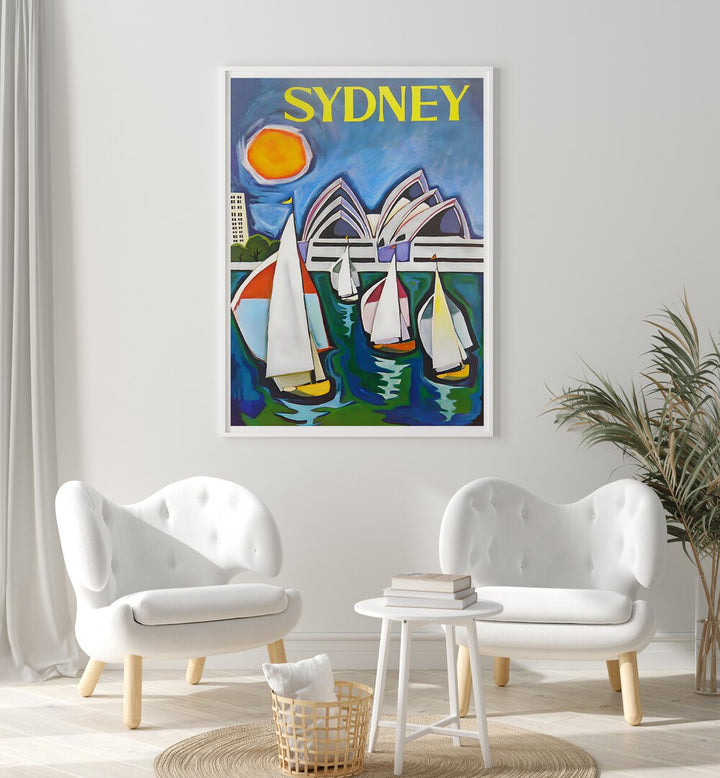 Colorful SYDNEY, VINTAGE TRAVEL POSTERS showcasing sailboats and the iconic Sydney Opera House, perfect for decor.