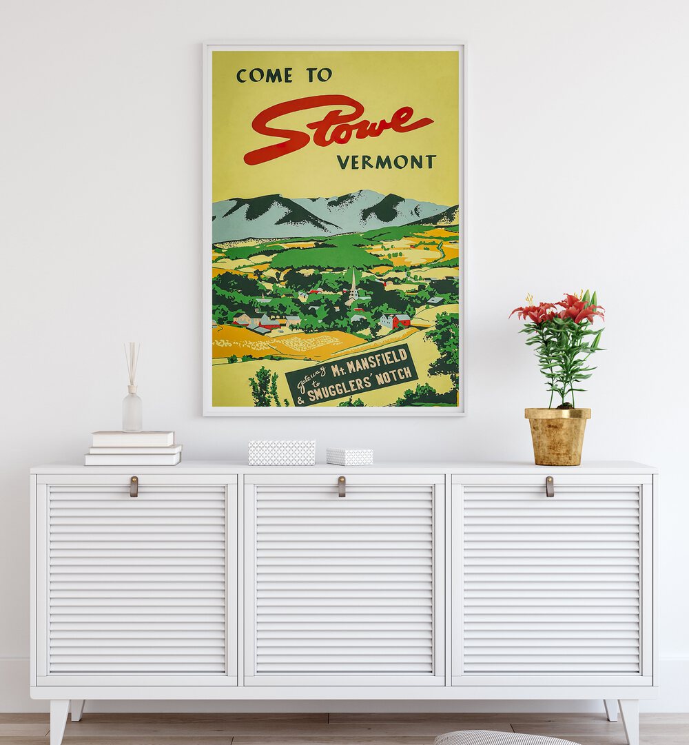 Stunning VERMONT, VINTAGE TRAVEL POSTERS showcasing Stowe's picturesque landscape, perfect for home decor.