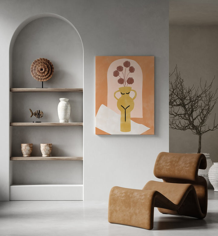 Stylish living space featuring the YELLOW FLOWER POT, BOHO ART PAINTINGS by Elena Ristova, adding vibrant elegance.