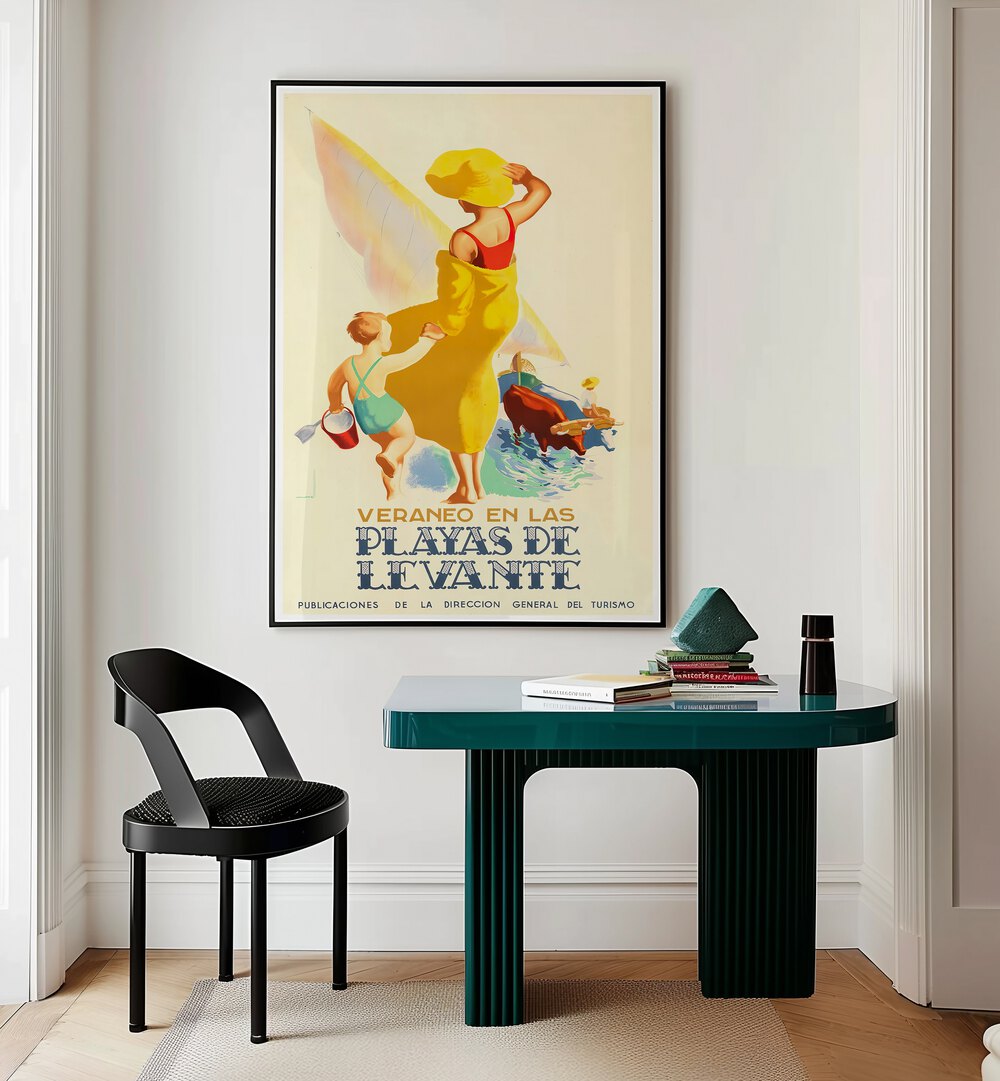 Brightly colored VERANEO EN LAS Vintage Travel Posters enhance a stylish interior, evoking nostalgia and adventure.