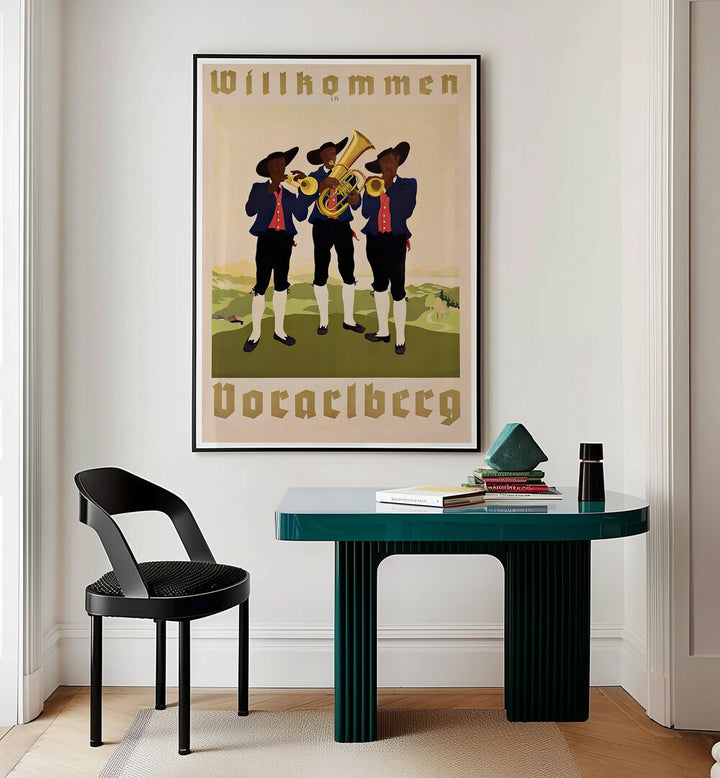 Decorate your space with WILLHOMMEN, VINTAGE TRAVEL POSTERS, showcasing a charming trio in classic attire.