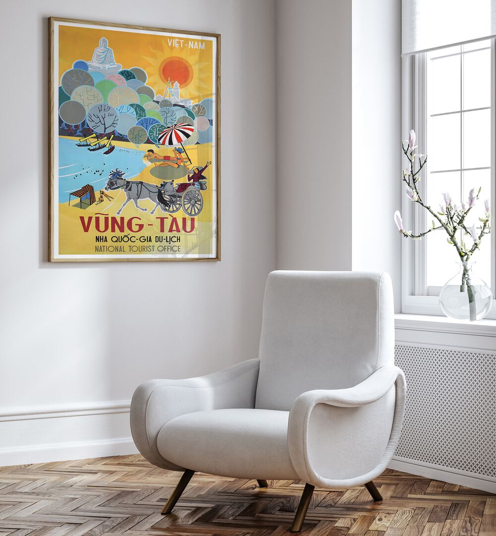 VUNG-TAU, VINTAGE TRAVEL POSTERS adorn a stylish room, capturing Vietnam's scenic charm and nostalgic allure.