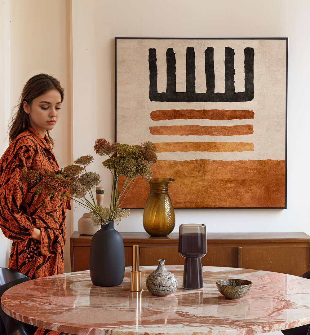 Vibrant CIZGILI KILIM TURUNCU , BOHO ART PAINTINGS enhance any space, showcasing Emel Tunaboylu's artistic vision.