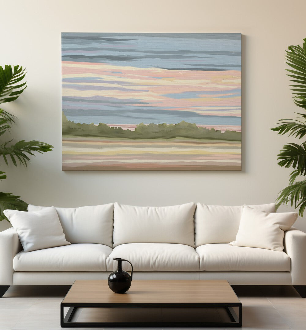 Elevate your decor with STREAKING, LANDSCAPE PAINTINGS, showcasing serene nature beauty in a modern setting.
