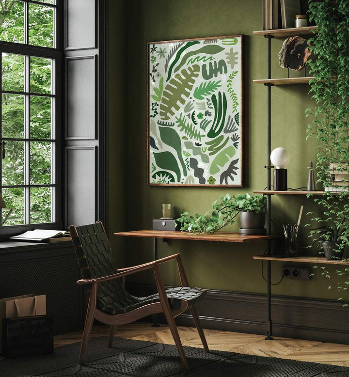 Vibrant GREEN GARDEN, FLORAL FLOWER PAINTINGS enhance this stylish workspace with botanical beauty and natural colors.