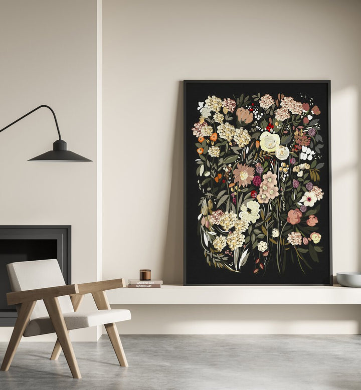 Stunning BLACK BOUQUET, FLORAL FLOWER PAINTINGS adorn a modern space, showcasing elegance and rich hues.