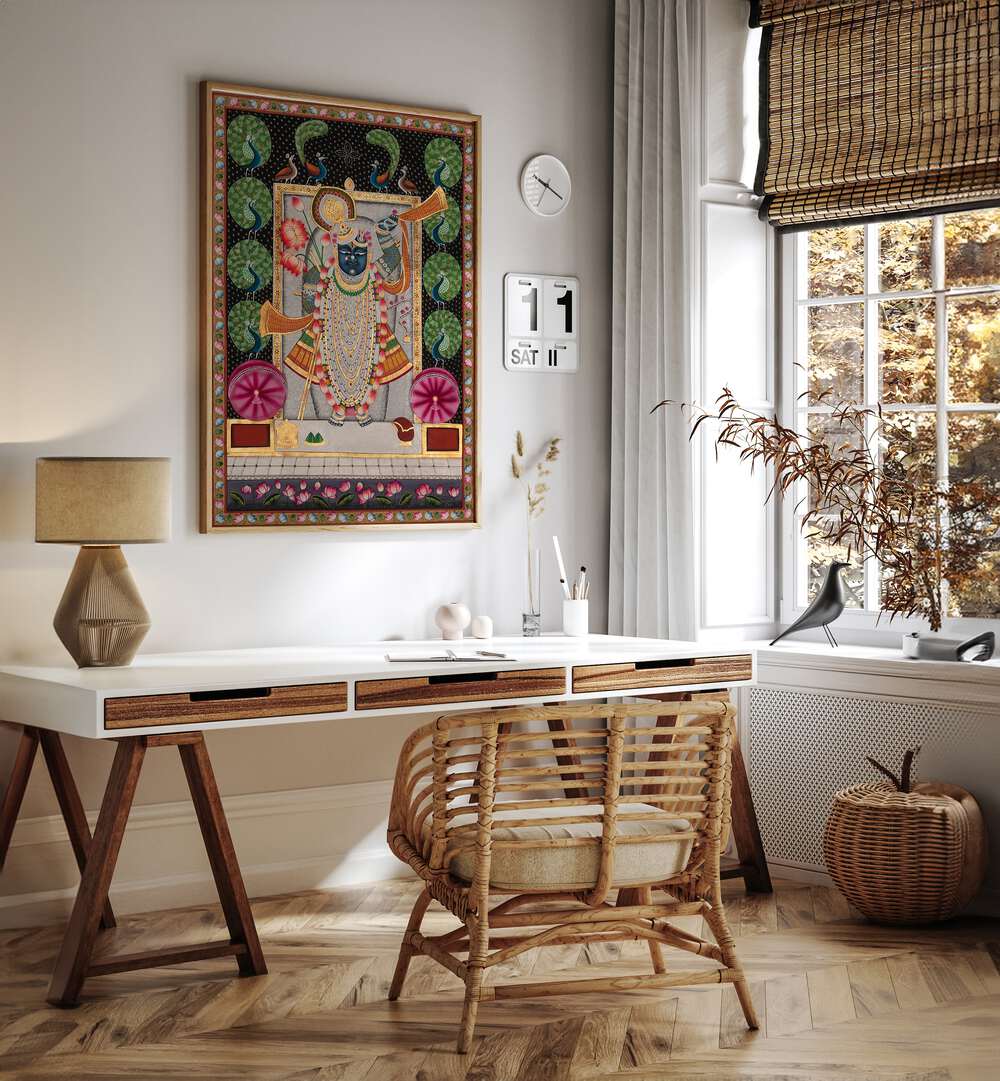 Bright and vibrant PICHWAI ART II, INDIAN ART PAINTINGS showcasing traditional Indian culture in an elegant workspace.