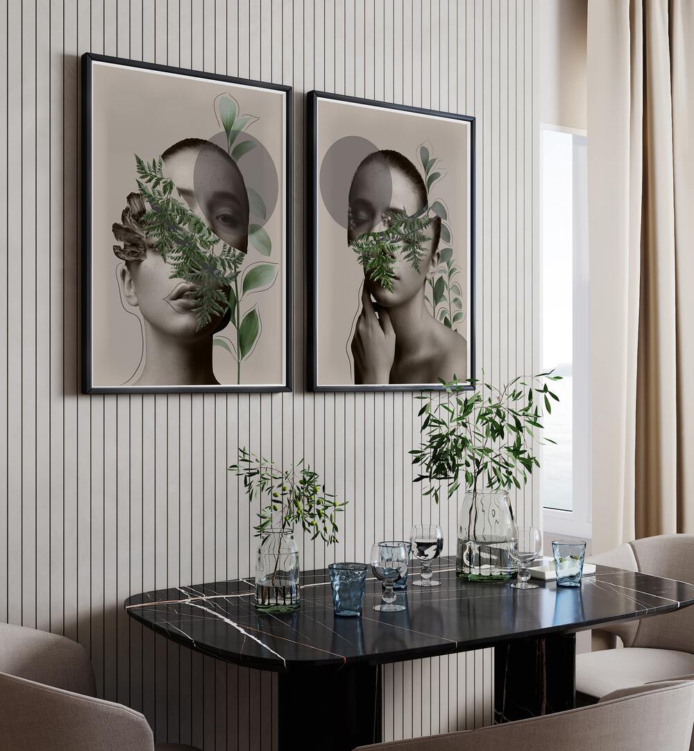 Enhance your decor with the FLORA VEILED FACES SET, SET OF 2 PAINTINGS, showcasing botanical elegance and femininity.