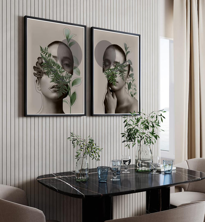 Enhance your decor with the FLORA VEILED FACES SET, SET OF 2 PAINTINGS, showcasing botanical elegance and femininity.