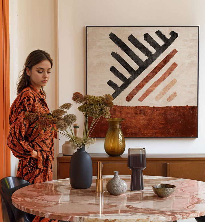 Stylish interior featuring CIZGILI KILIM KIREMIT, BOHO ART PAINTINGS by Emel Tunaboylu, enhancing modern elegance.