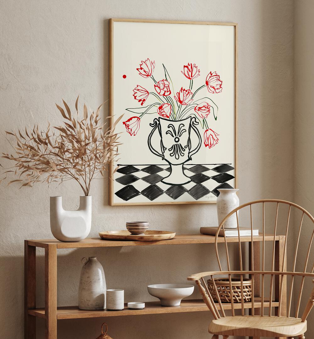Elegant RED TULIPS IN VASE, FLORAL FLOWER PAINTINGS brighten up any space with a touch of artistic charm.
