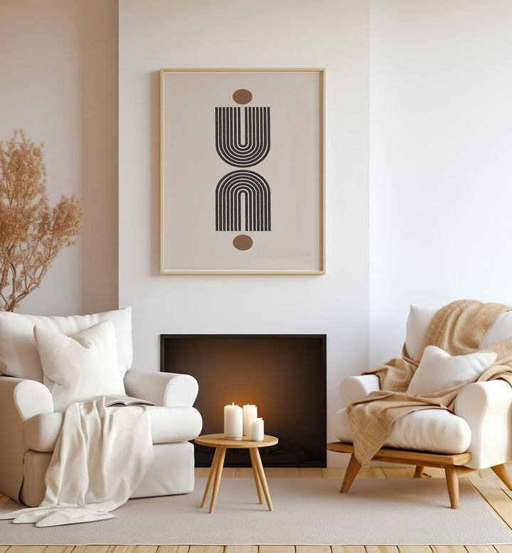 Stylish RETRO BALANCE COMPOSITION, BOHO ART PAINTINGS enhancing a cozy living space with modern decor elements.