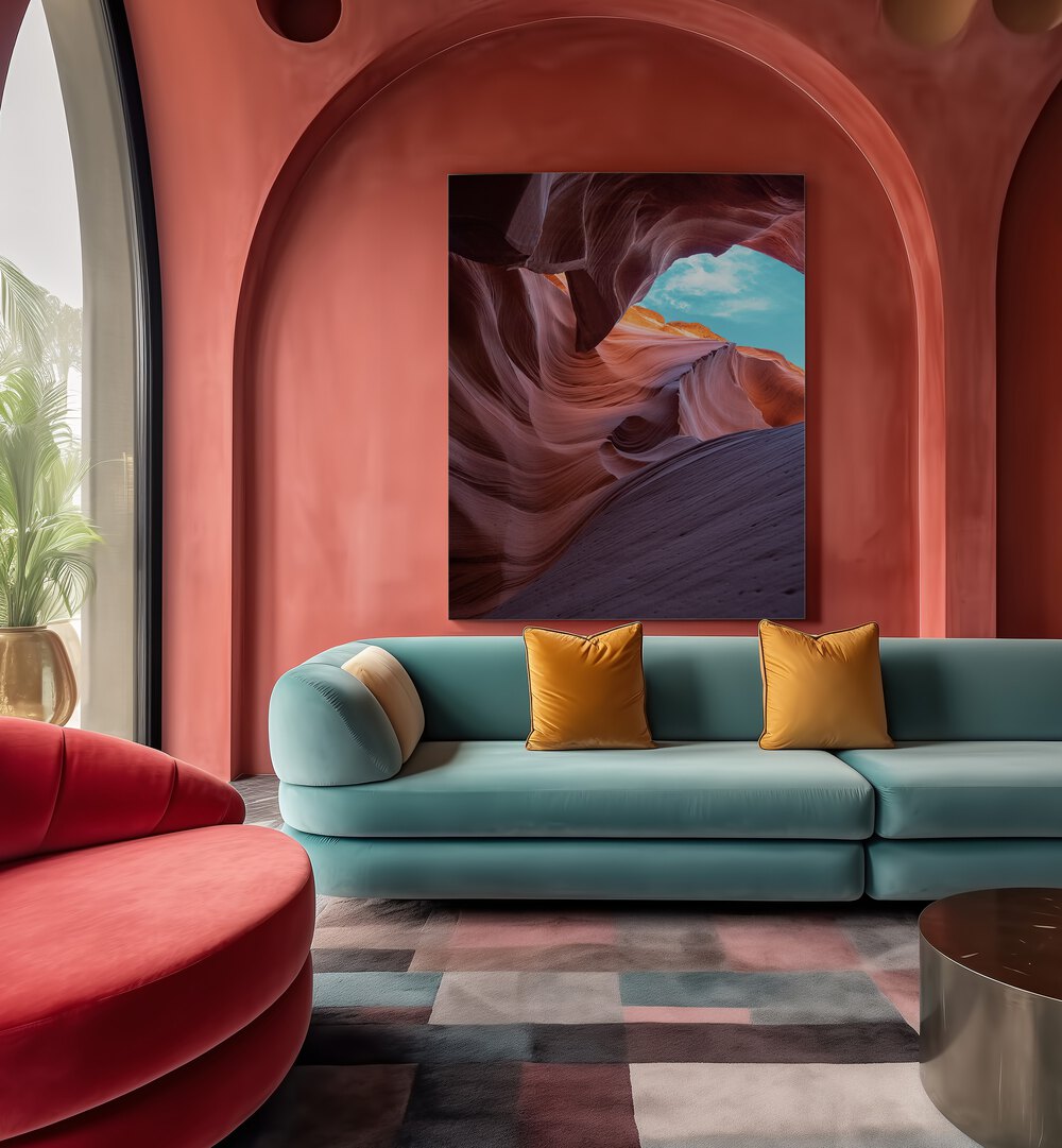 Stunning ANTELOPE CANYON, LANDSCAPE PAINTINGS displayed in a modern living room, enhancing the vibrant decor.