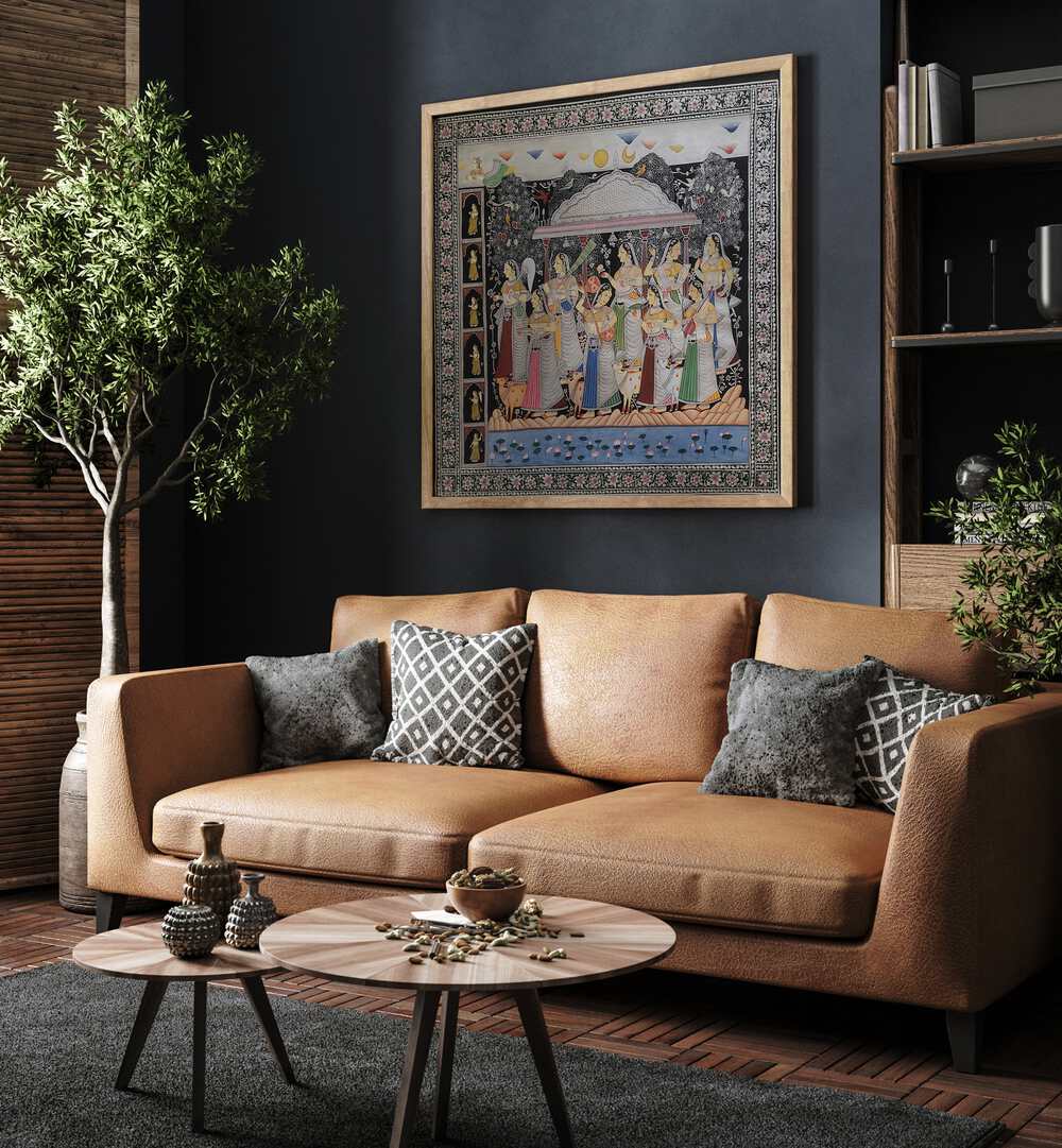 Stunning KRISHNA GOPIKA, INDIAN ART PAINTINGS displayed in a stylish living room, enhancing cultural elegance.