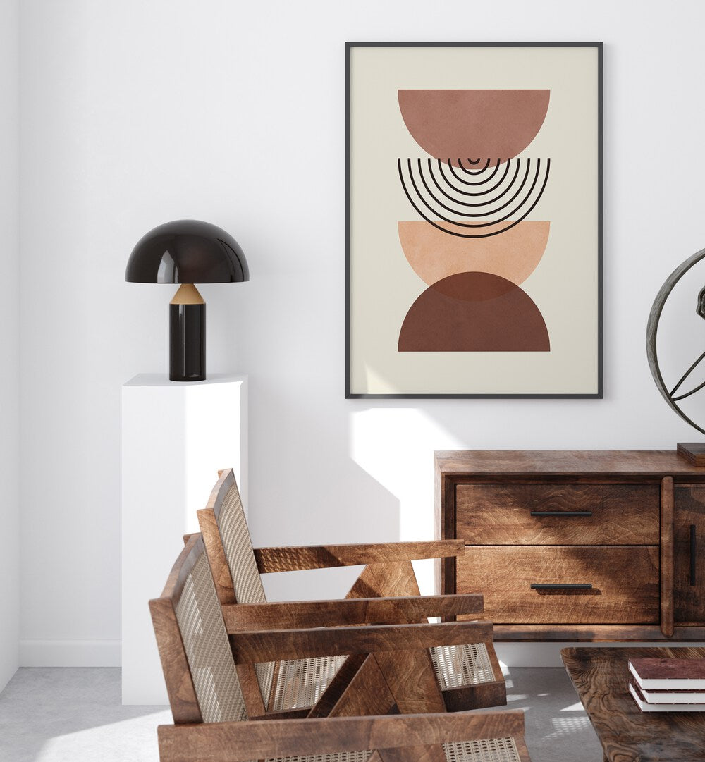 Stylish LINES AND CIRCLES II, GEOMETRIC ART PRINTS framed in a modern setting, perfect for artistic expression.