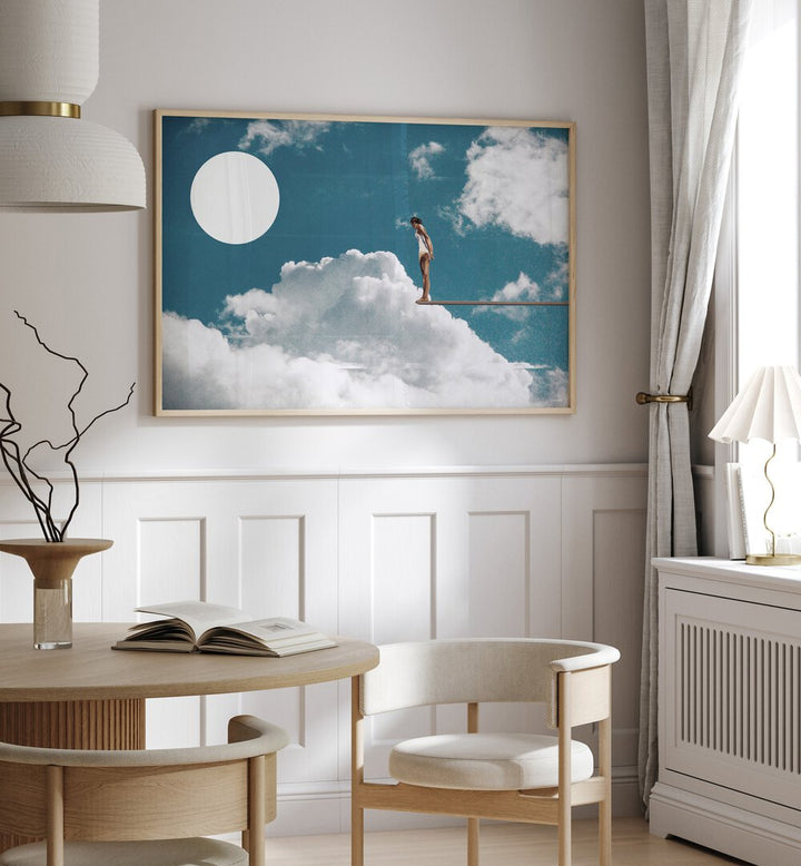 Explore the dreamlike SURREAL REVERIE, SURREAL ART PRINTS by UNDERDOTT, featuring a figure on a cloud.