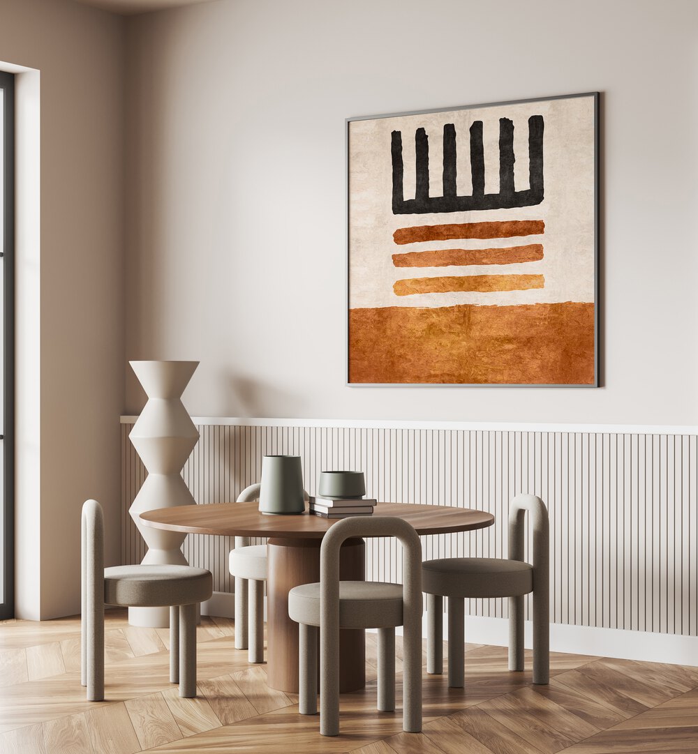 Vibrant CIZGILI KILIM TURUNCU, BOHO ART PAINTINGS enhancing modern decor in a chic dining space. Perfect for interiors.