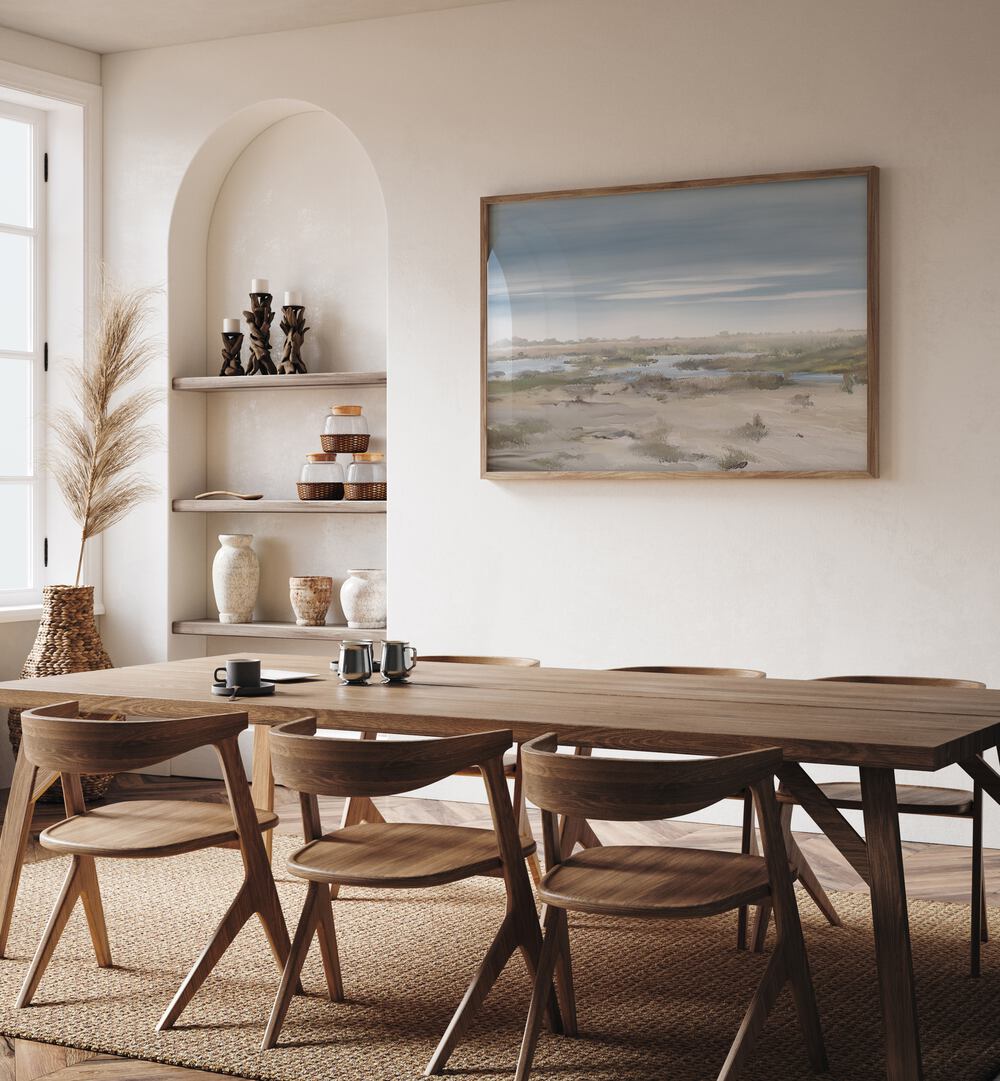 Transform your space with THE MISTY RISING, LANDSCAPE PAINTINGS, showcasing serene beauty in a modern setting.