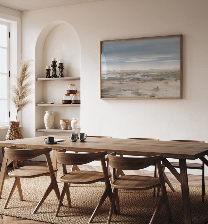 Transform your space with THE MISTY RISING, LANDSCAPE PAINTINGS, showcasing serene beauty in a modern setting.