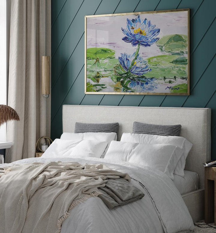 Vibrant LOTUS FLOWER CANVAS, FLORAL FLOWER PAINTINGS, adding elegance to modern bedroom decor.