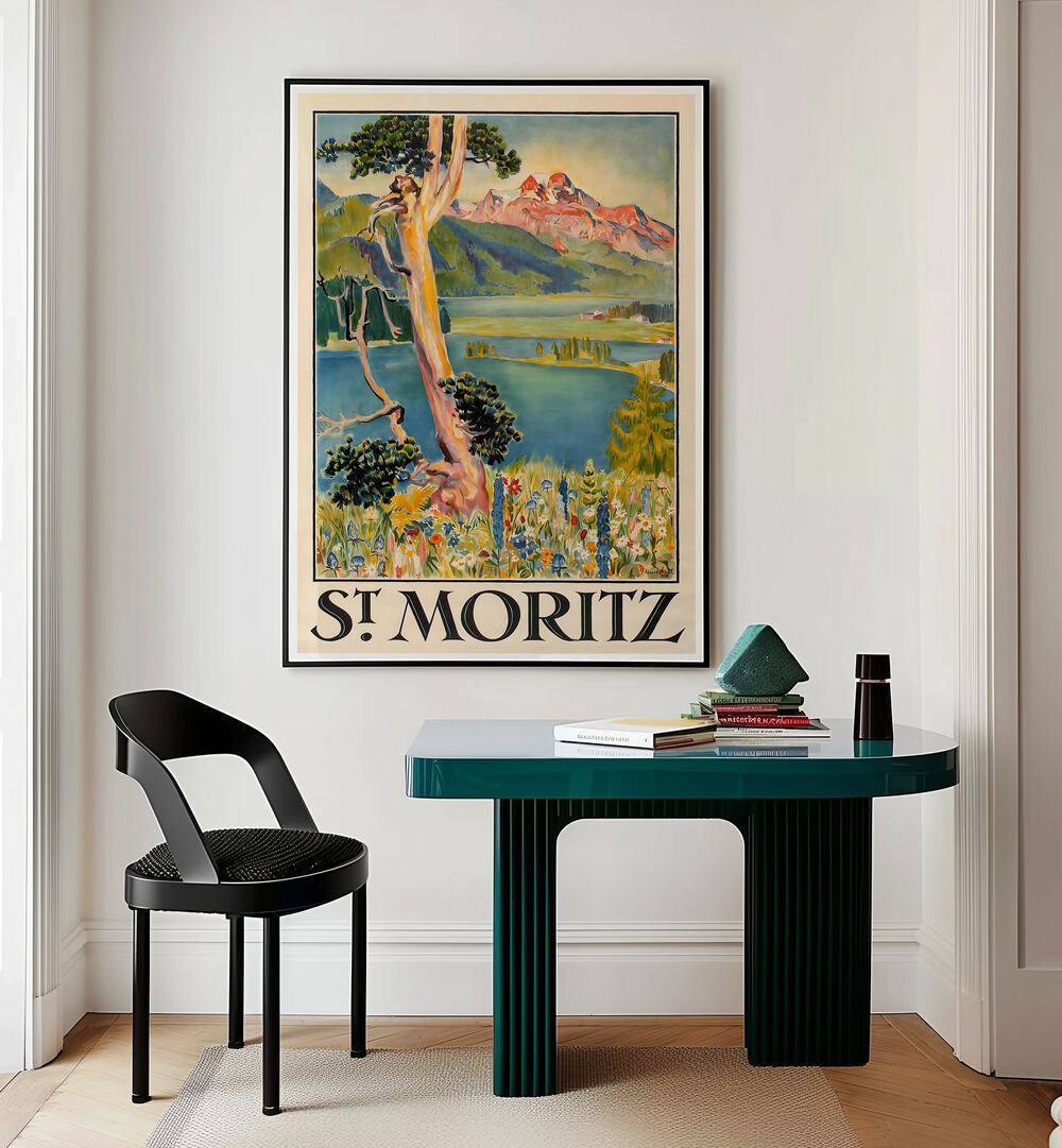 Stunning ST MORITZ, VINTAGE TRAVEL POSTERS showcasing the Swiss Alps' charm in an elegant home setting.