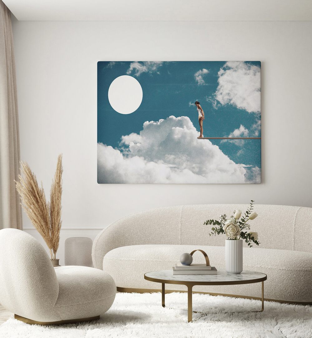 Surreal Reverie art print by Underdott features a figure balancing on clouds, inviting imaginative exploration.