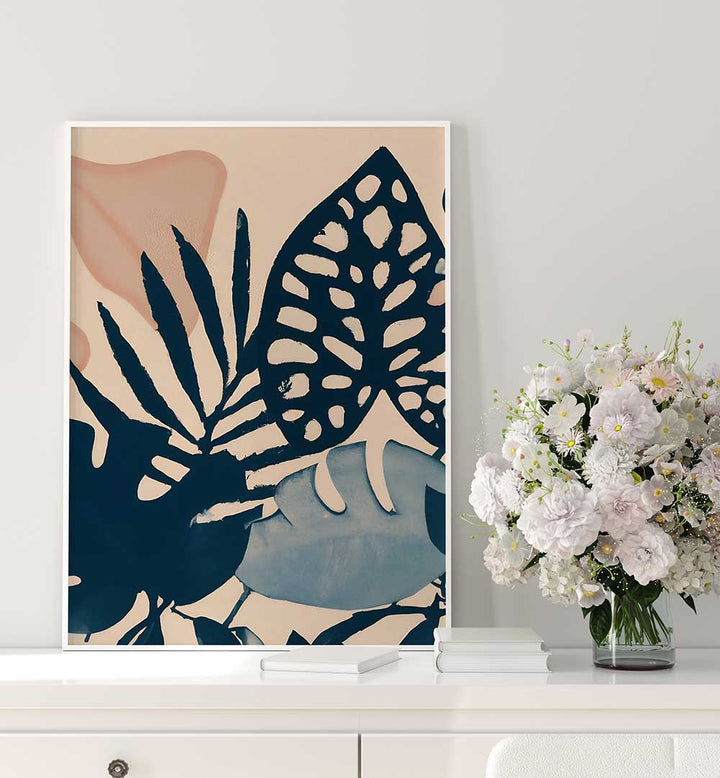 POWDER PINK LEAVES , FLORAL FLOWER PAINTINGS with delicate pink petals and navy blue leaves enhancing modern home decor.