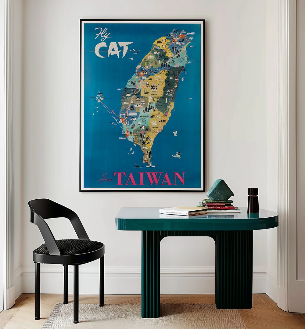 Stylish TAIWAN II, VINTAGE TRAVEL POSTERS showcasing Taiwan's vibrant culture and landscapes in a chic interior setting.