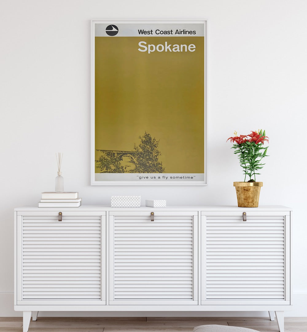 West Coast Airlines Vintage Travel Posters showcase Spokane, capturing the nostalgia of classic aviation adventures.