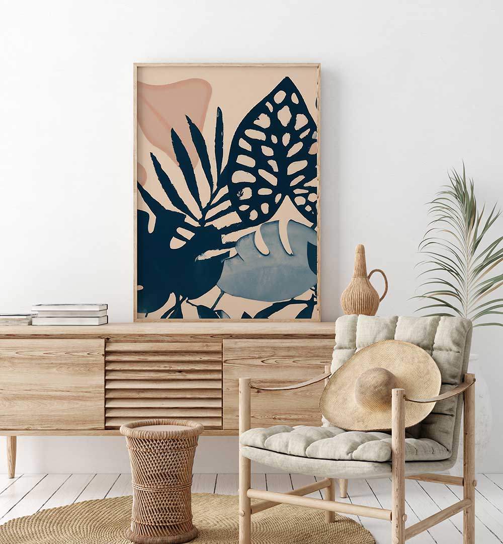 POWDER PINK LEAVES , FLORAL FLOWER PAINTINGS showcasing delicate pink petals with navy leaves in a modern living room setting
