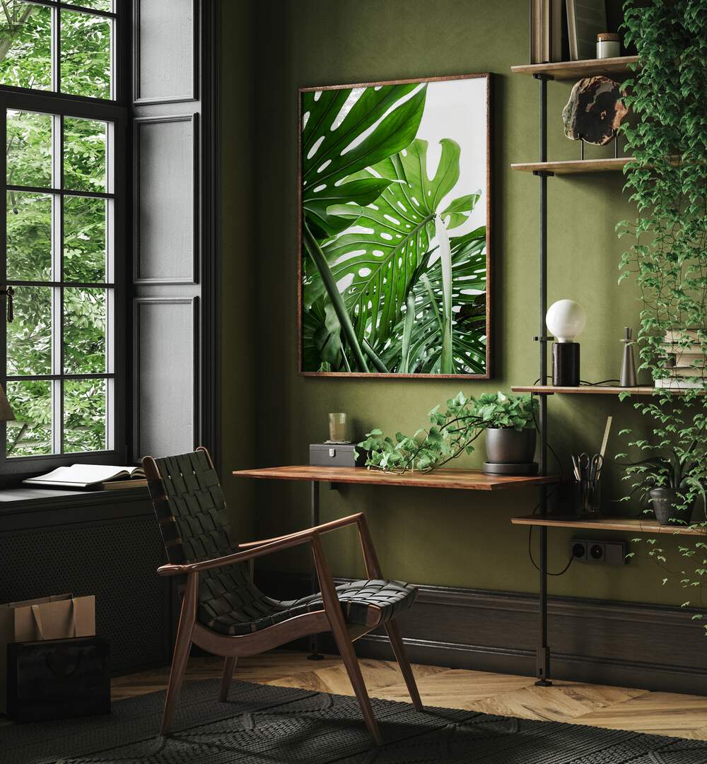 Transform your space with JUNGLE, FLORAL FLOWER PAINTINGS, showcasing vibrant greenery in a stylish interior.