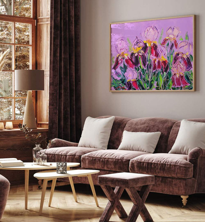 Vibrant LRISOIL ON CANVAS, FLORAL FLOWER PAINTINGS adorn a stylish living room with natural light and modern decor.
