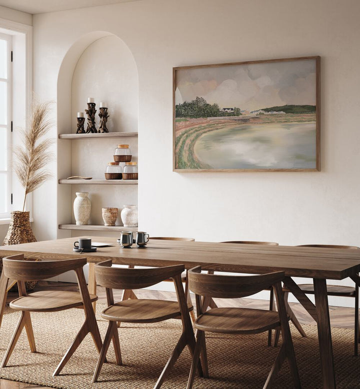 Stylish dining area featuring WATCH HER RISE, LANDSCAPE PAINTINGS, enhancing the serene ambiance of the space.