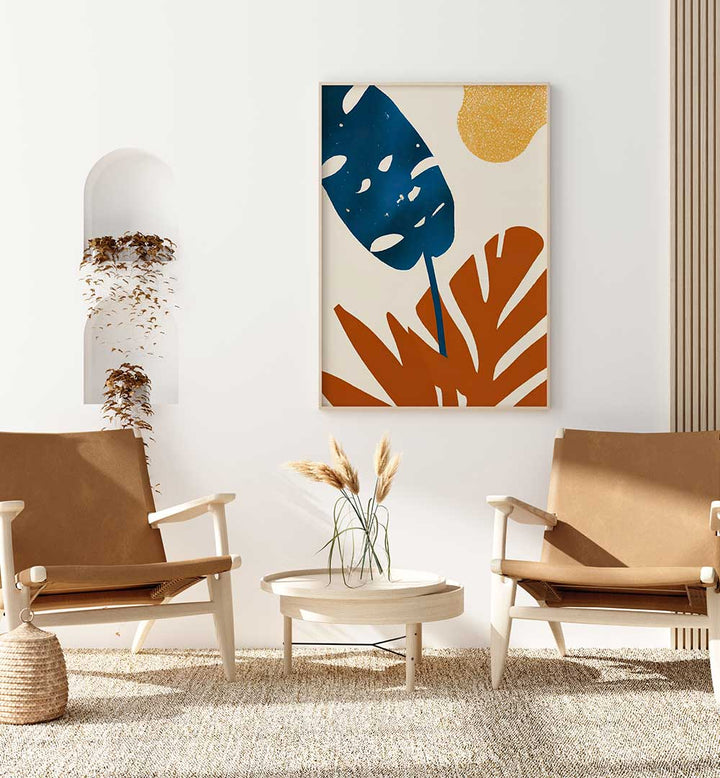 PRIMARY PALMS, FLORAL FLOWER PAINTINGS with bold blue and orange leaves enhancing a modern living room ambiance.