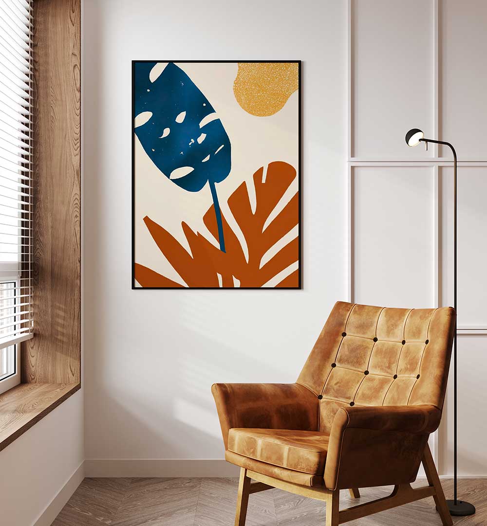 PRIMARY PALMS, FLORAL FLOWER PAINTINGS with bold blue and brown leaves enhancing modern living room decor.