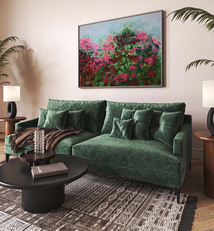 Vibrant GARDEN OF PINK, FLORAL FLOWER PAINTINGS brighten a modern living room with lush greenery and stylish decor.