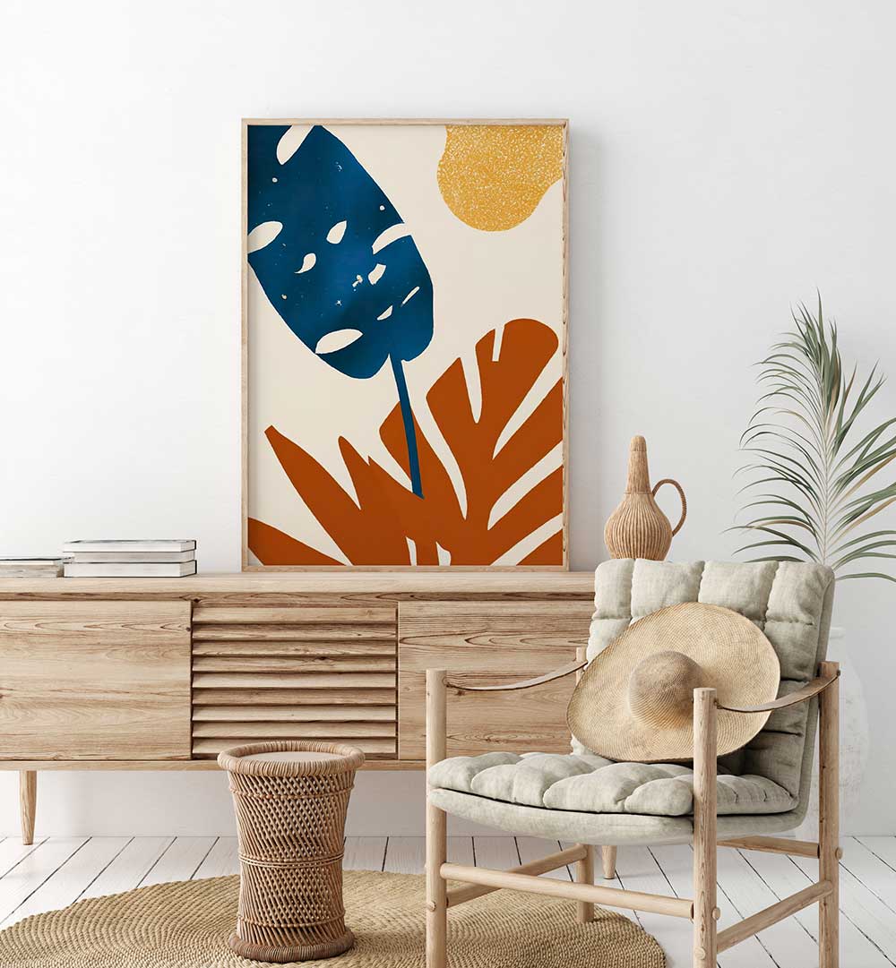 PRIMARY PALMS , FLORAL FLOWER PAINTINGS with bold blue and orange leaves in a modern living room setting by Artify Studio.