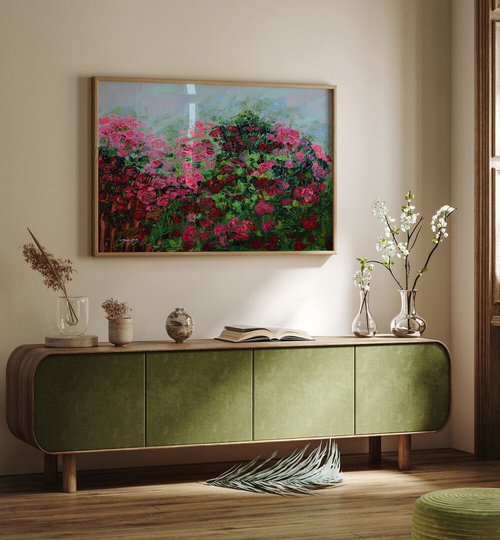 Vibrant GARDEN OF PINK, FLORAL FLOWER PAINTINGS adorning a stylish green console in a cozy interior setting.