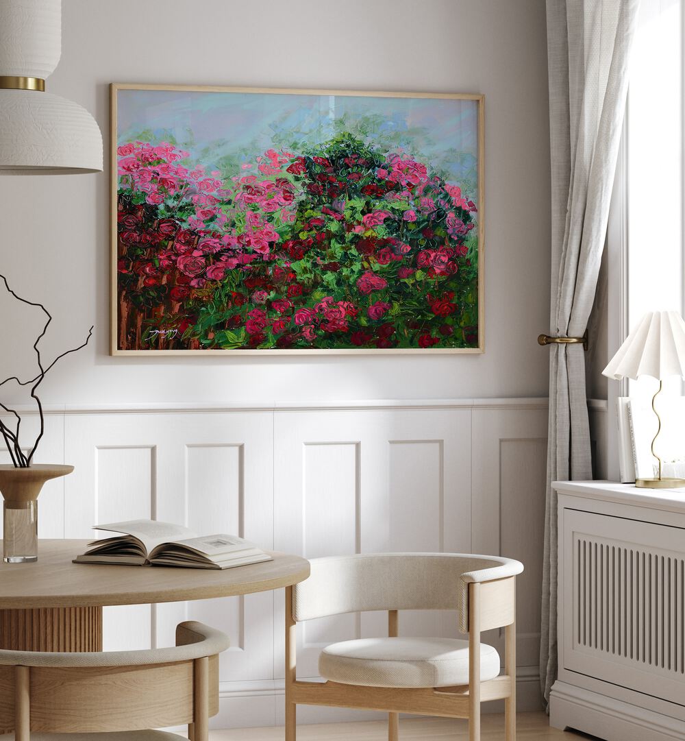 Vibrant GARDEN OF PINK, FLORAL FLOWER PAINTINGS showcased in a stylish living room setting. Perfect for home decor.