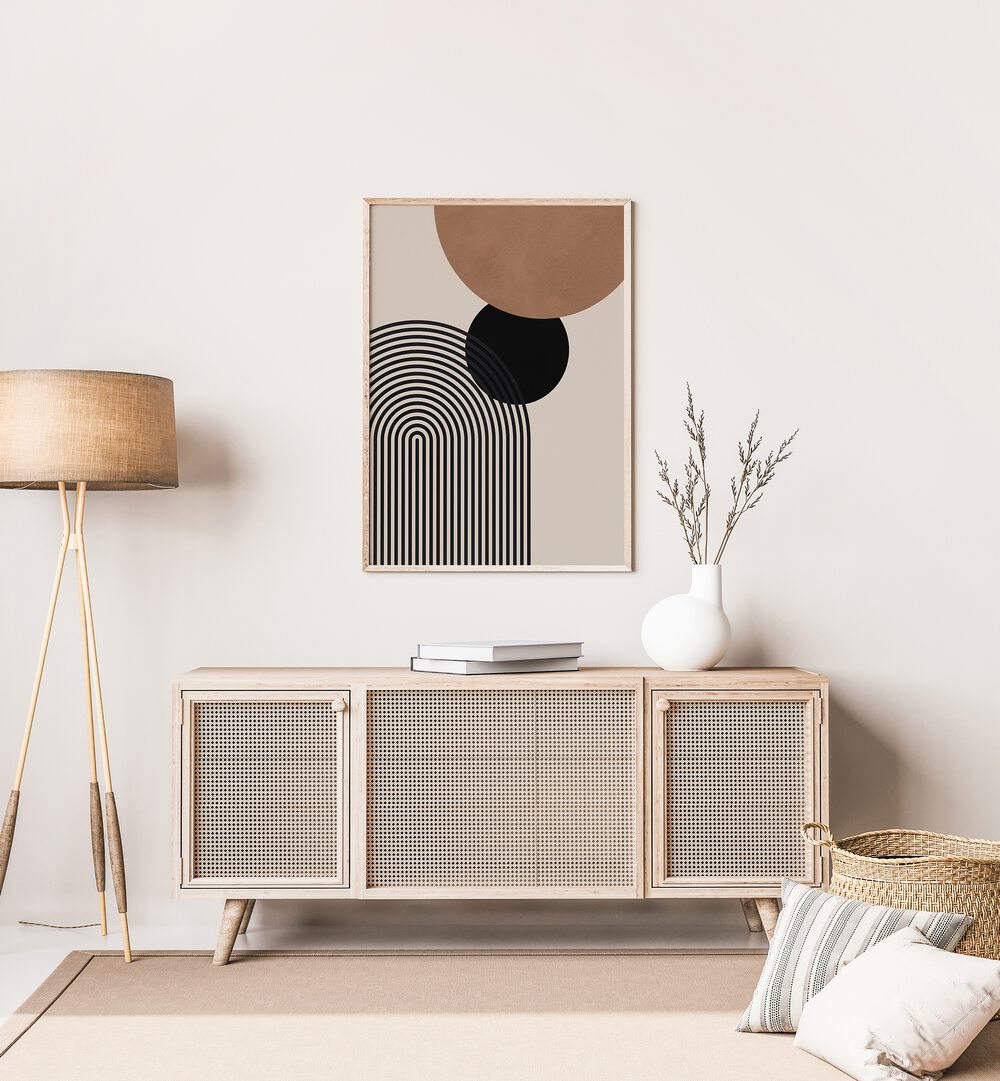 Stylish living room featuring COMPOSITION IV, BOHO ART PAINTINGS with modern decor and warm tones for artistic flair.