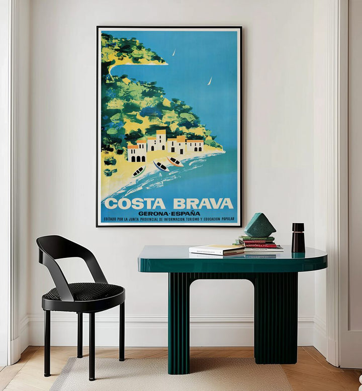 Costa Brava Vintage Travel Posters adorn a chic room, showcasing the Mediterranean's stunning coastal charm.