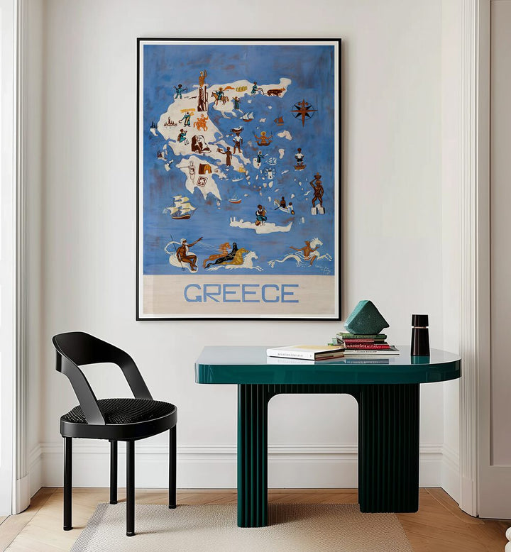 GREECE III, VINTAGE TRAVEL POSTERS decorate a stylish room showcasing Greece's beauty and allure. Transform your space!