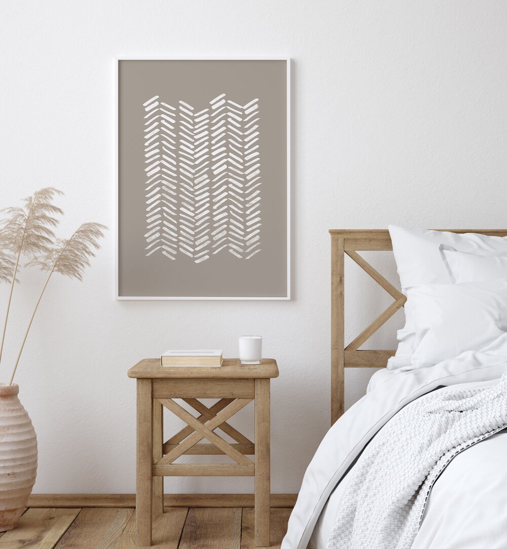 Stylish bedroom featuring ABSTRACT V, BOHO ART PAINTINGS, enhancing bohemian decor with a modern touch.