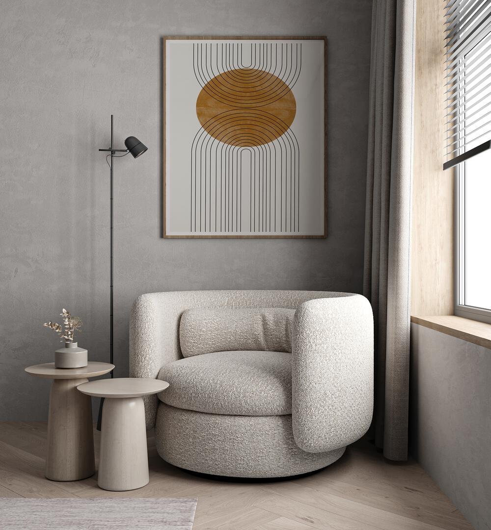 Stylish corner with the ABSTRACT FLOW III, BOHO ART PAINTINGS from THE MIUUS STUDIO, enhancing modern decor.